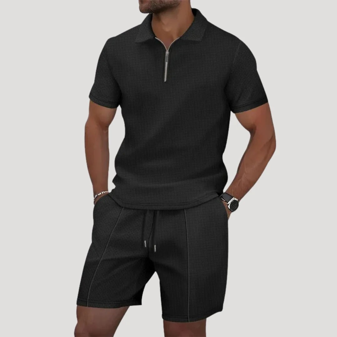 Herrset i frotté med pikétröja och shorts