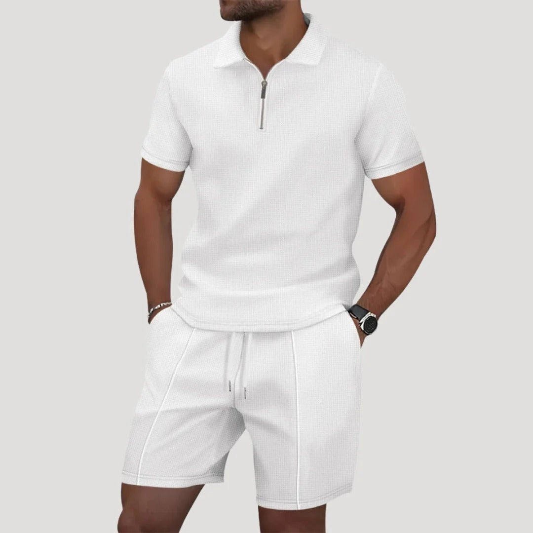Herrset i frotté med pikétröja och shorts