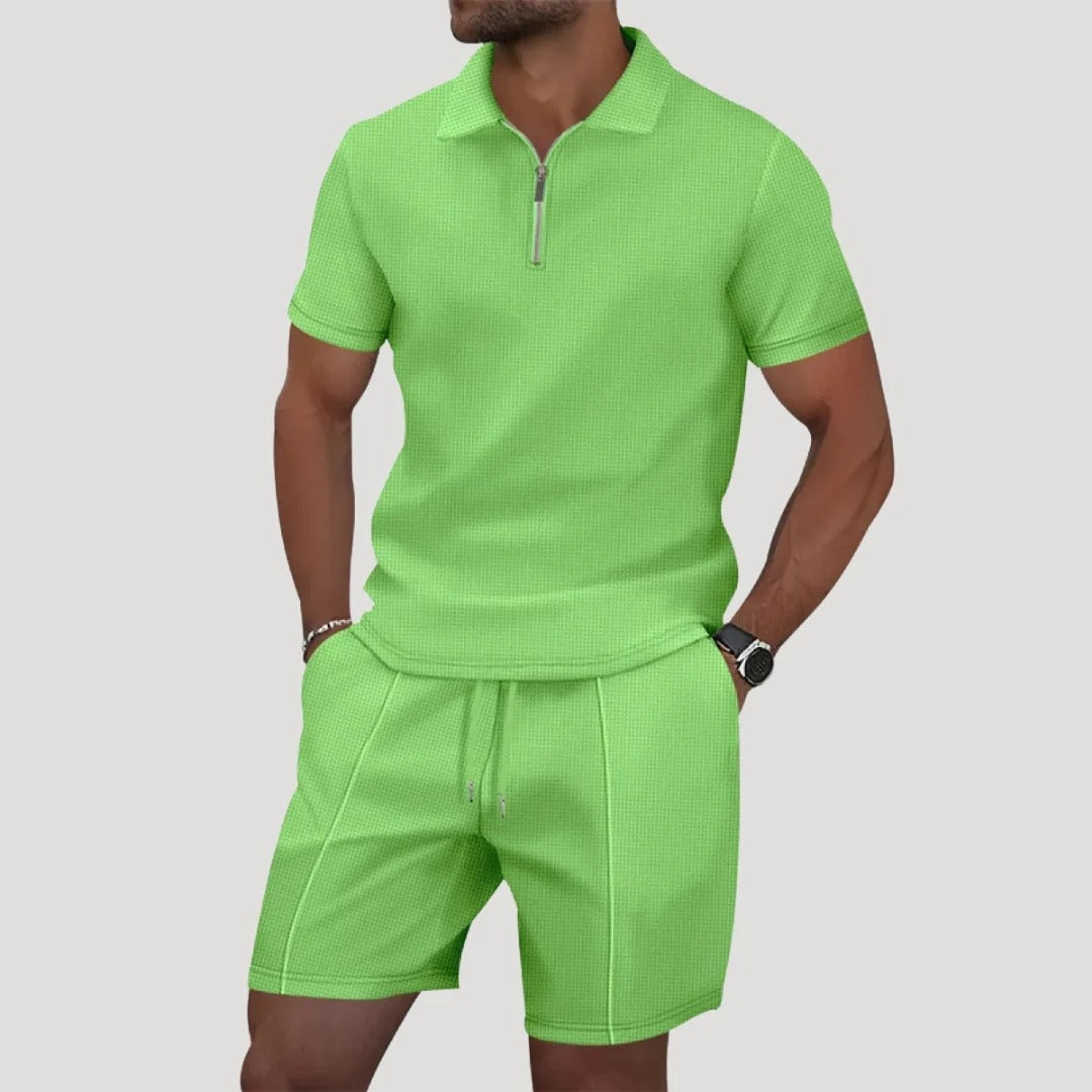 Herrset i frotté med pikétröja och shorts