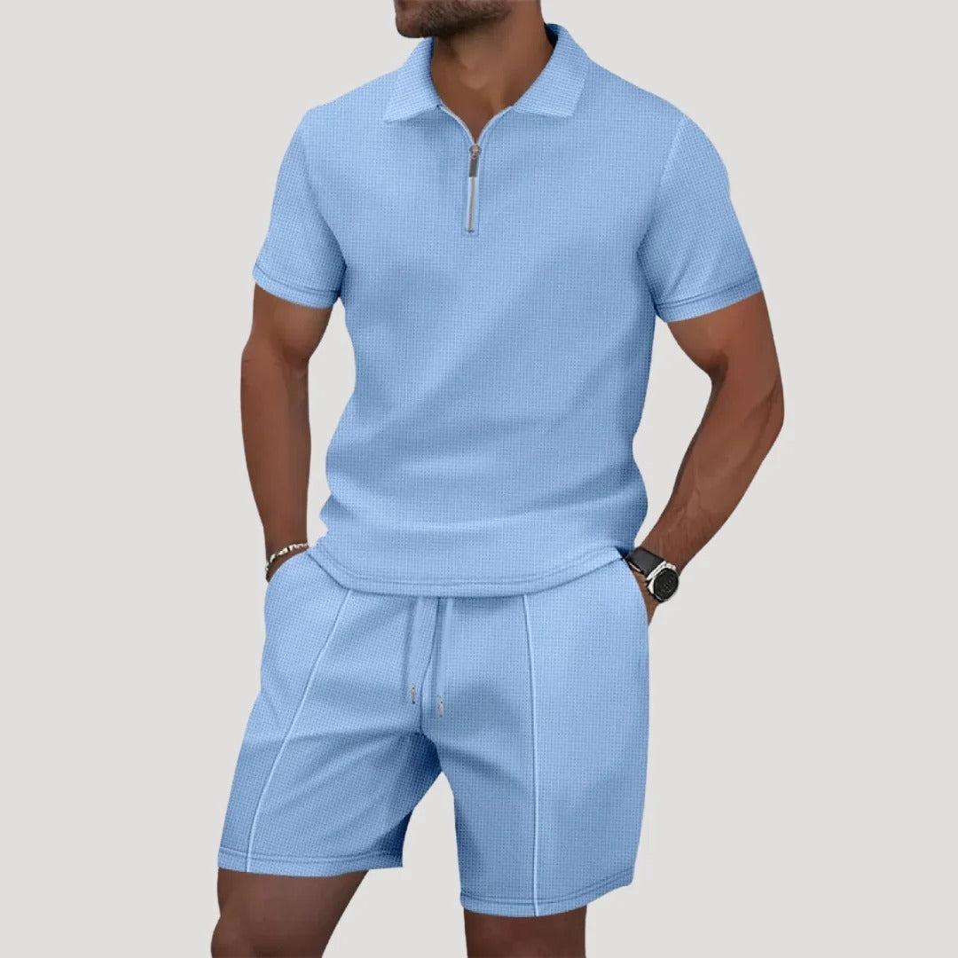 Herrset i frotté med pikétröja och shorts