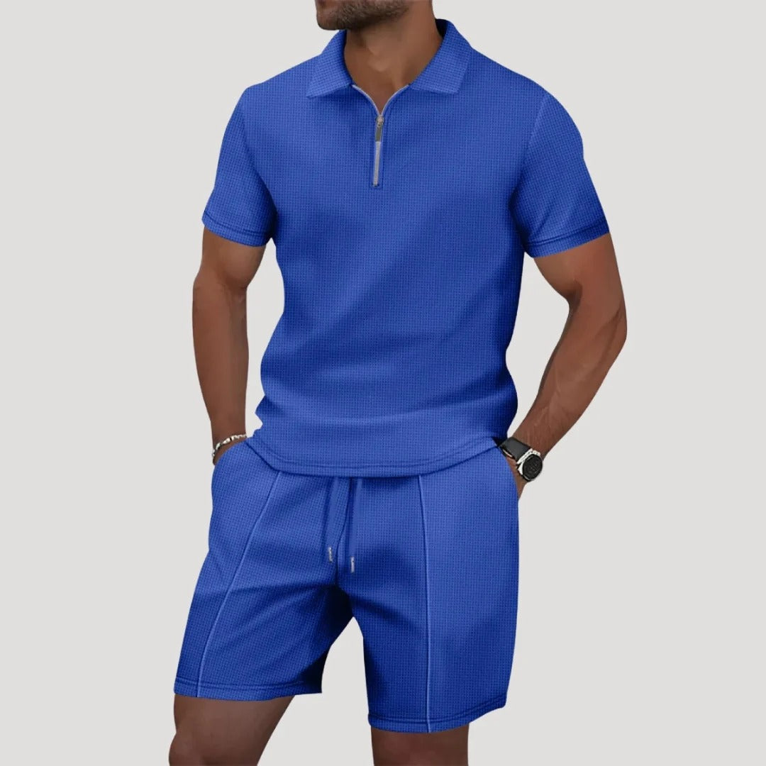 Herrset i frotté med pikétröja och shorts